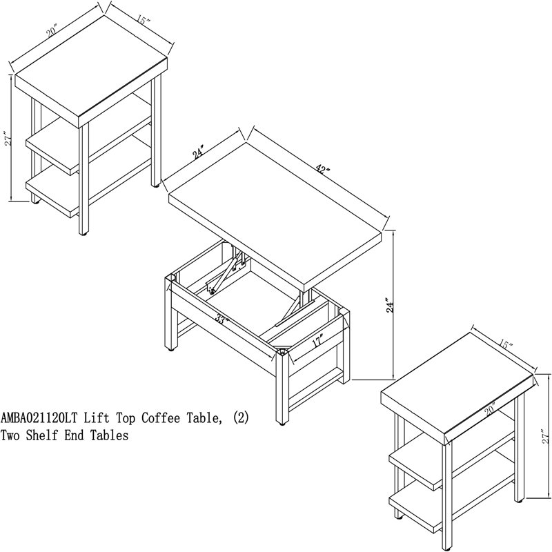 Steelside™ Pomona Solid Wood 3Piece Living Room Set with 42"W Lift Top